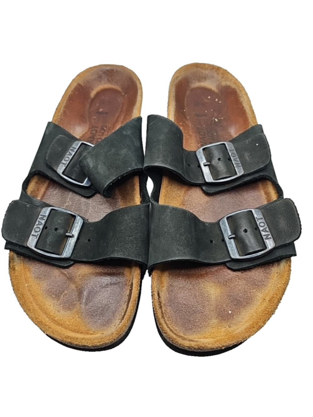 Naot Two Strap Buckle Wedge Sandal Black Leather Cork Women's Size 39 EU 8 US